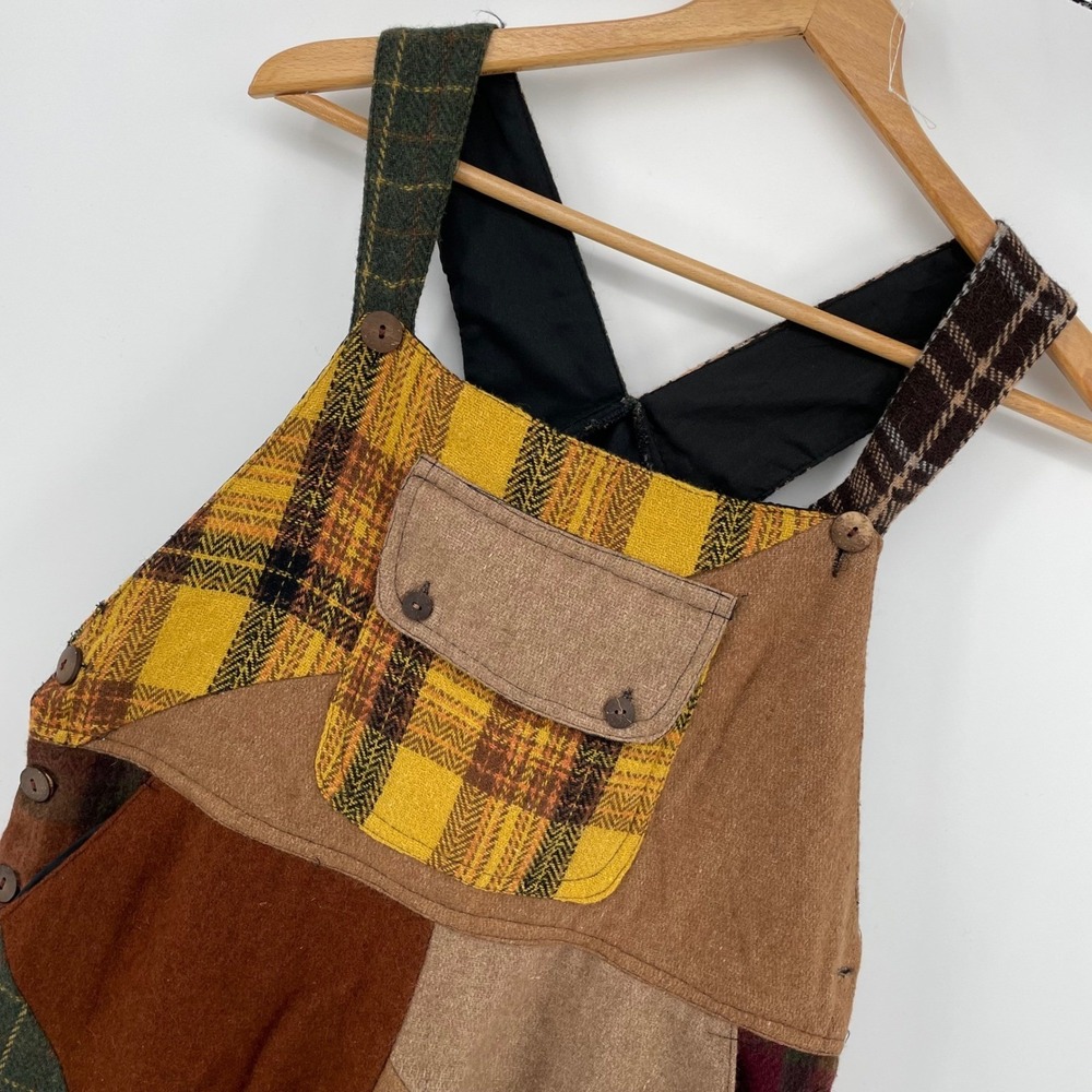 Sacred Threads Wool Patchwork Overalls Plaid Boho Dungarees Brown Yellow S/M